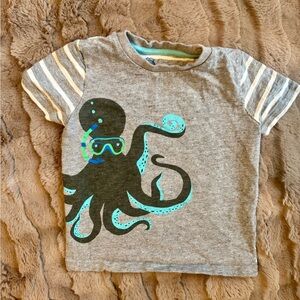 Mini Boden Gray Octopus Tee with Striped Sleeves
